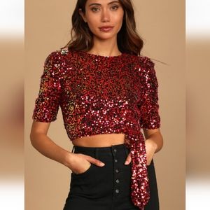 Lulus Red Multi Sequin Short Sleeve Tie-Hem Crop Top